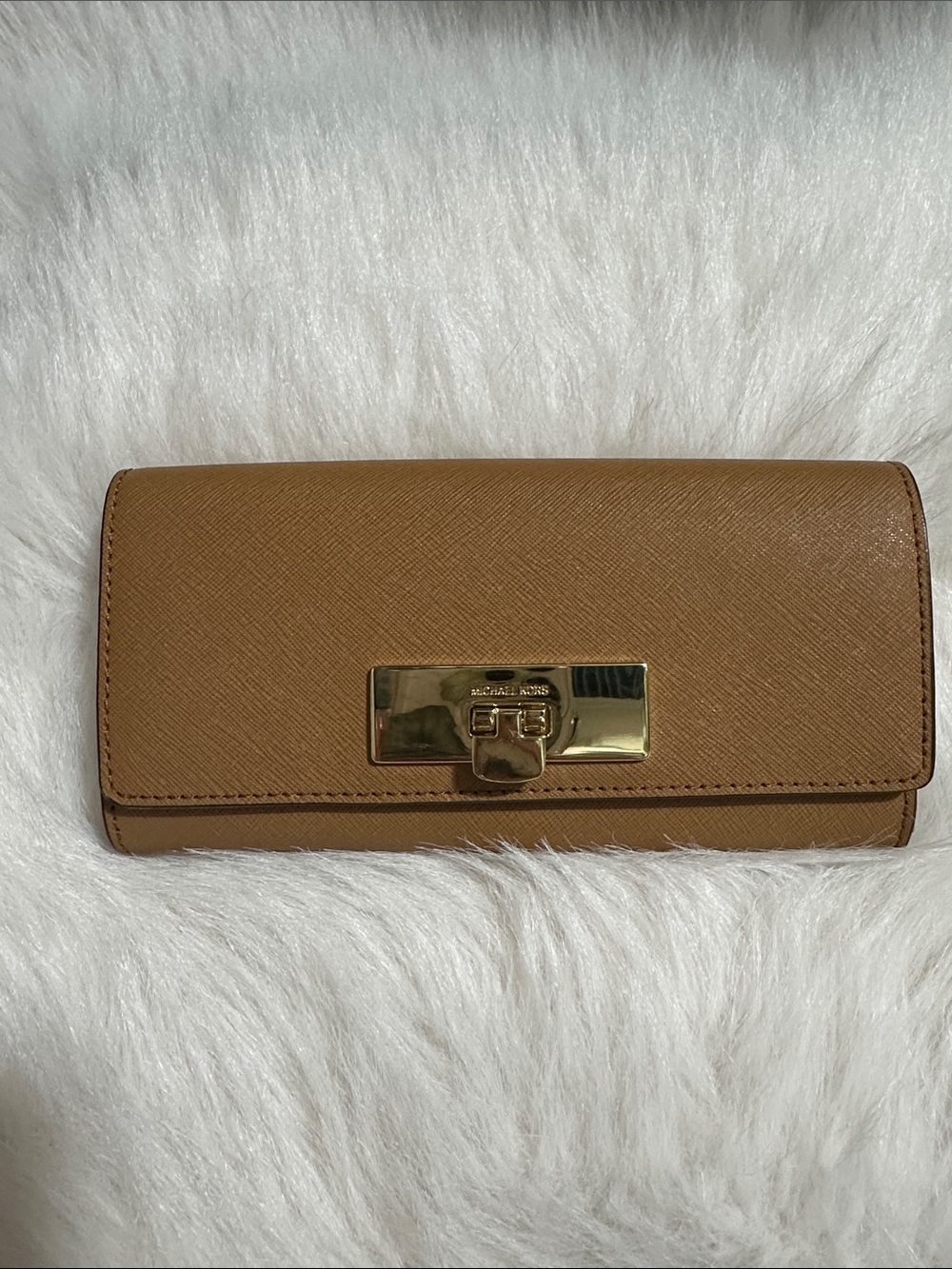 Michael Kors Tan Saffiano Leather Wallet with Gold-Tone Lock